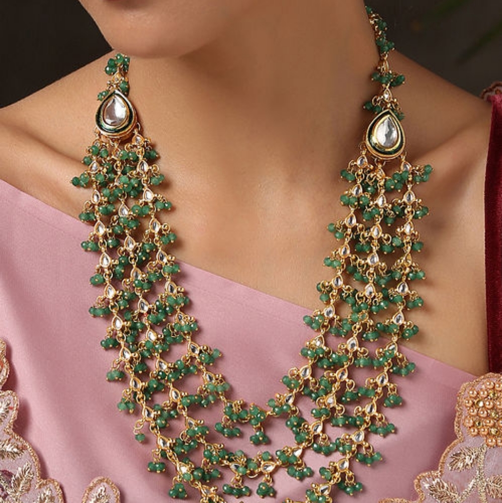 VeroniQ Trends-Multistrand Necklace in Kundan and Green Beads - Picture 1 of 1